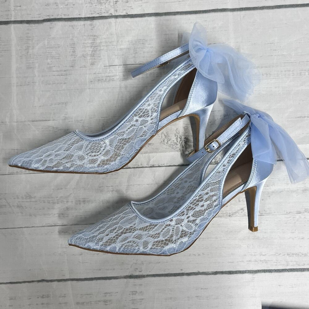 Coutgo Baby Blue Satin Lace High Heel Shoes size 9 Wedding Cocktail Formal Prom - Picture 7 of 14